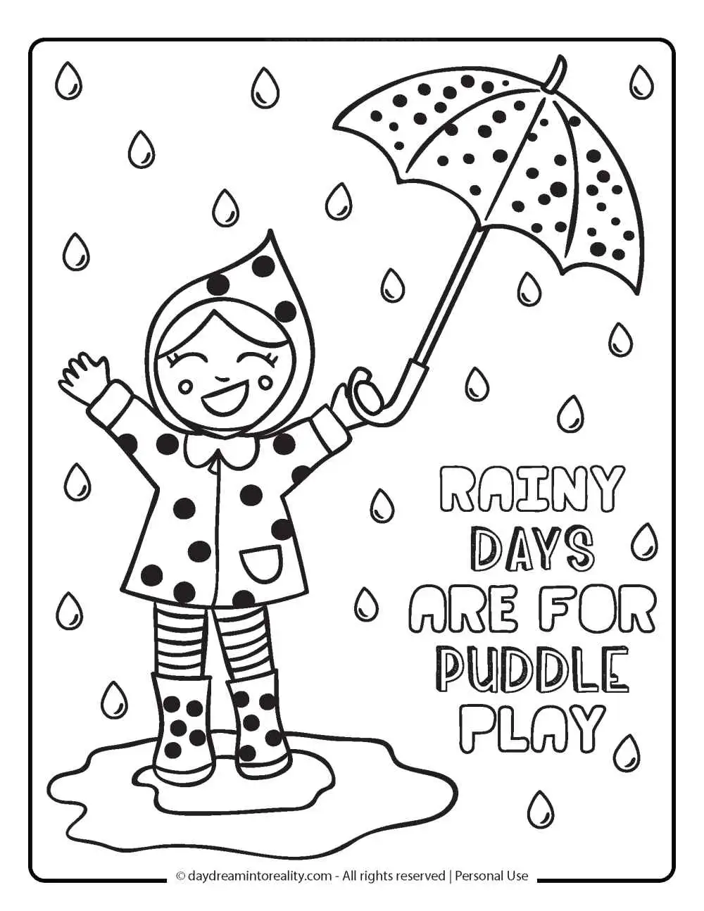 Spring Coloring Page - Girl playing in the rain.