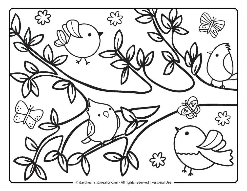 Spring Coloring Page - Birds on tree branch.