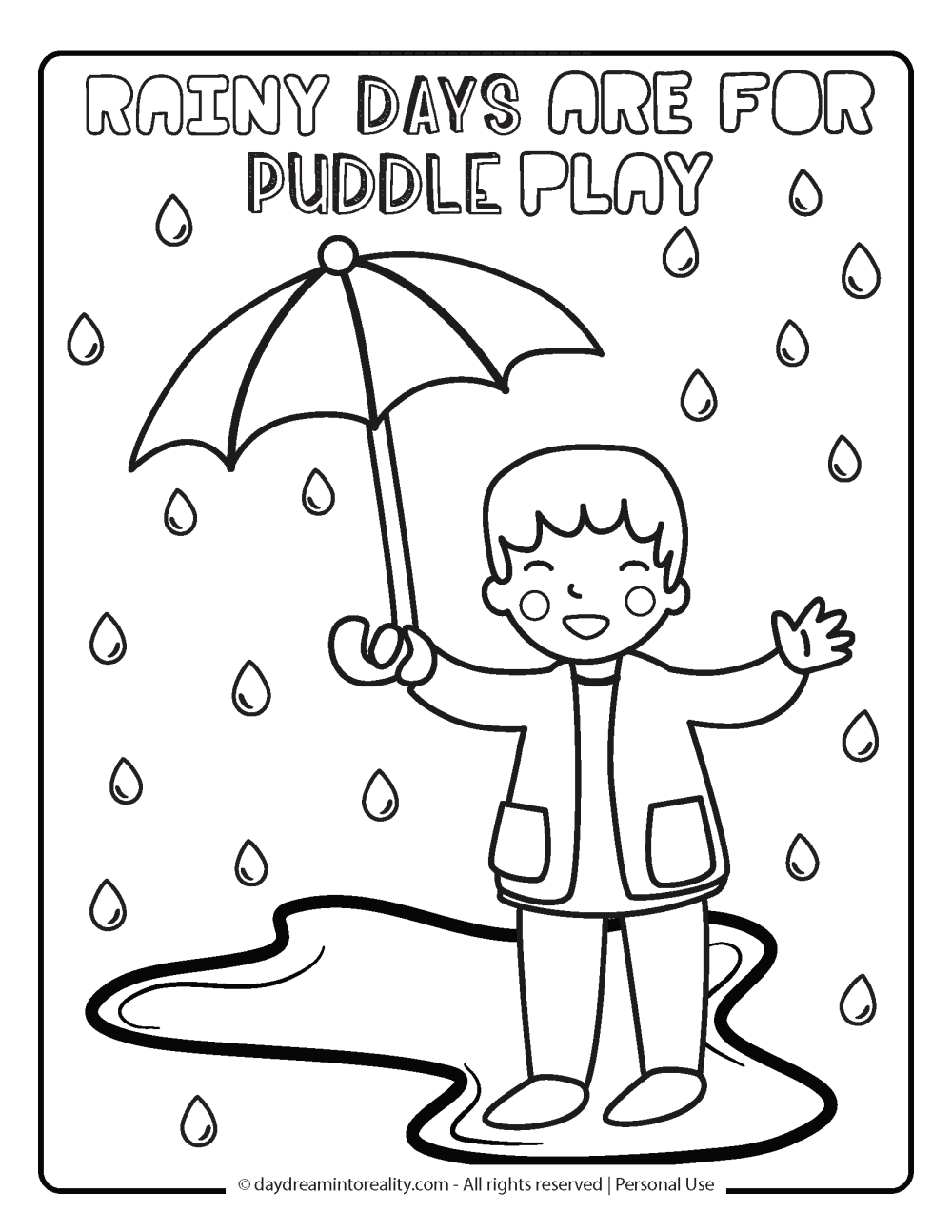 Spring Coloring Page - boy playing in the rain.