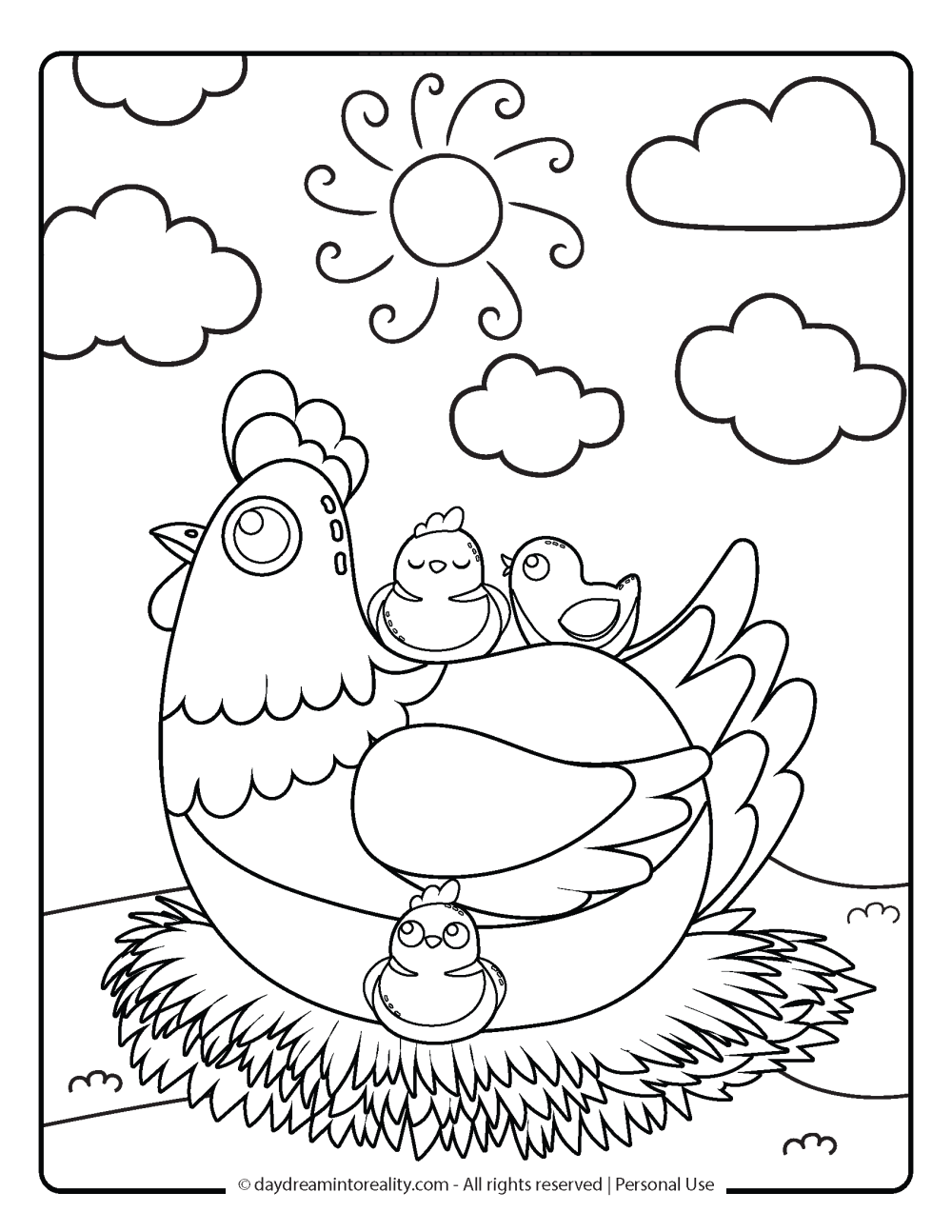 Spring Coloring Page - Hen with her little chicks.