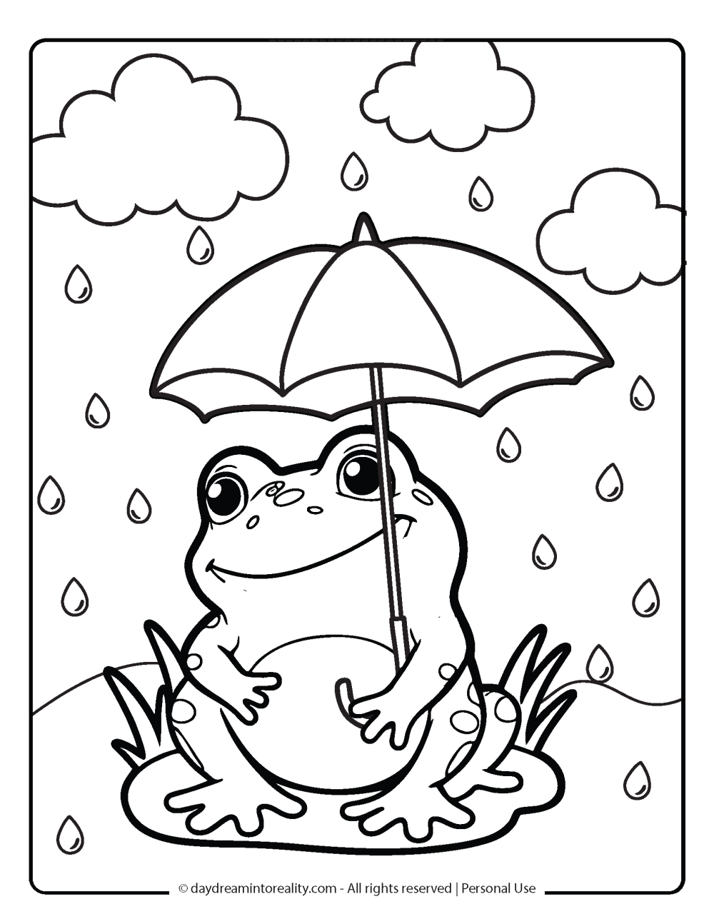 Spring Coloring Page - Cute frog holding umbrella under the rain.