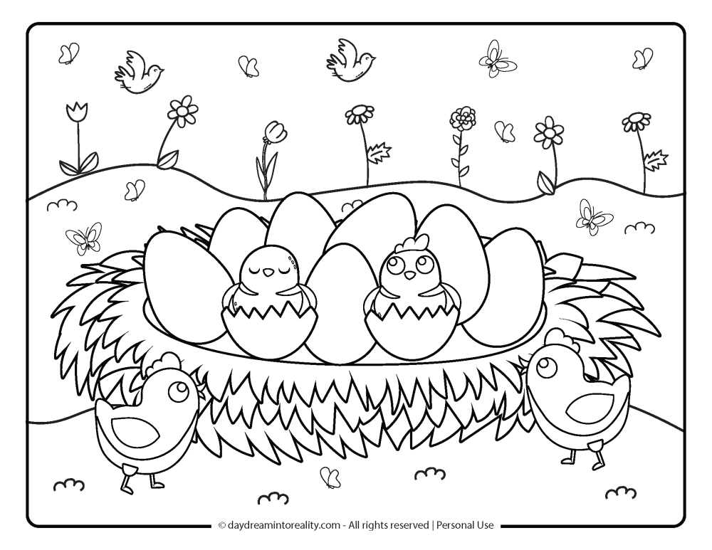 Spring Coloring Page - Chick nest with some little hatchlings coming out of the shell