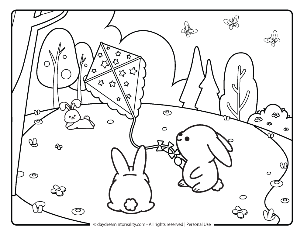 Spring Coloring Page - Cute little bunny flying a kite in a beautiful meadow.