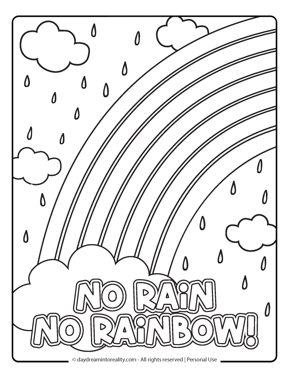 Spring Coloring Page - No rain, No rainbow quote with the rainbow, rain and clouds.