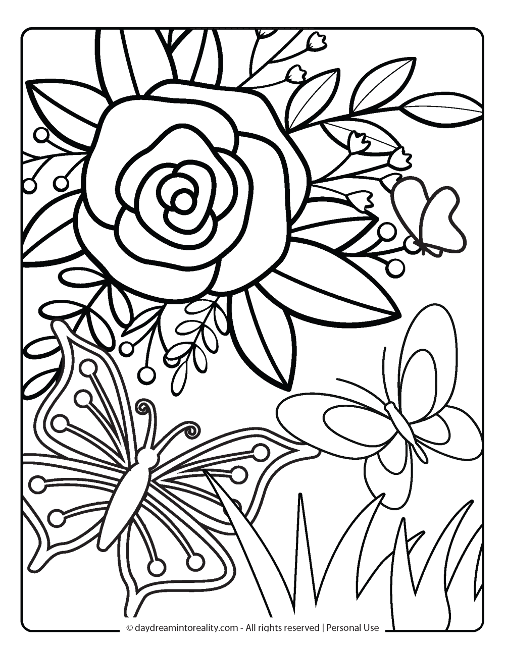 Spring Coloring Page - butterflies flying by flowers