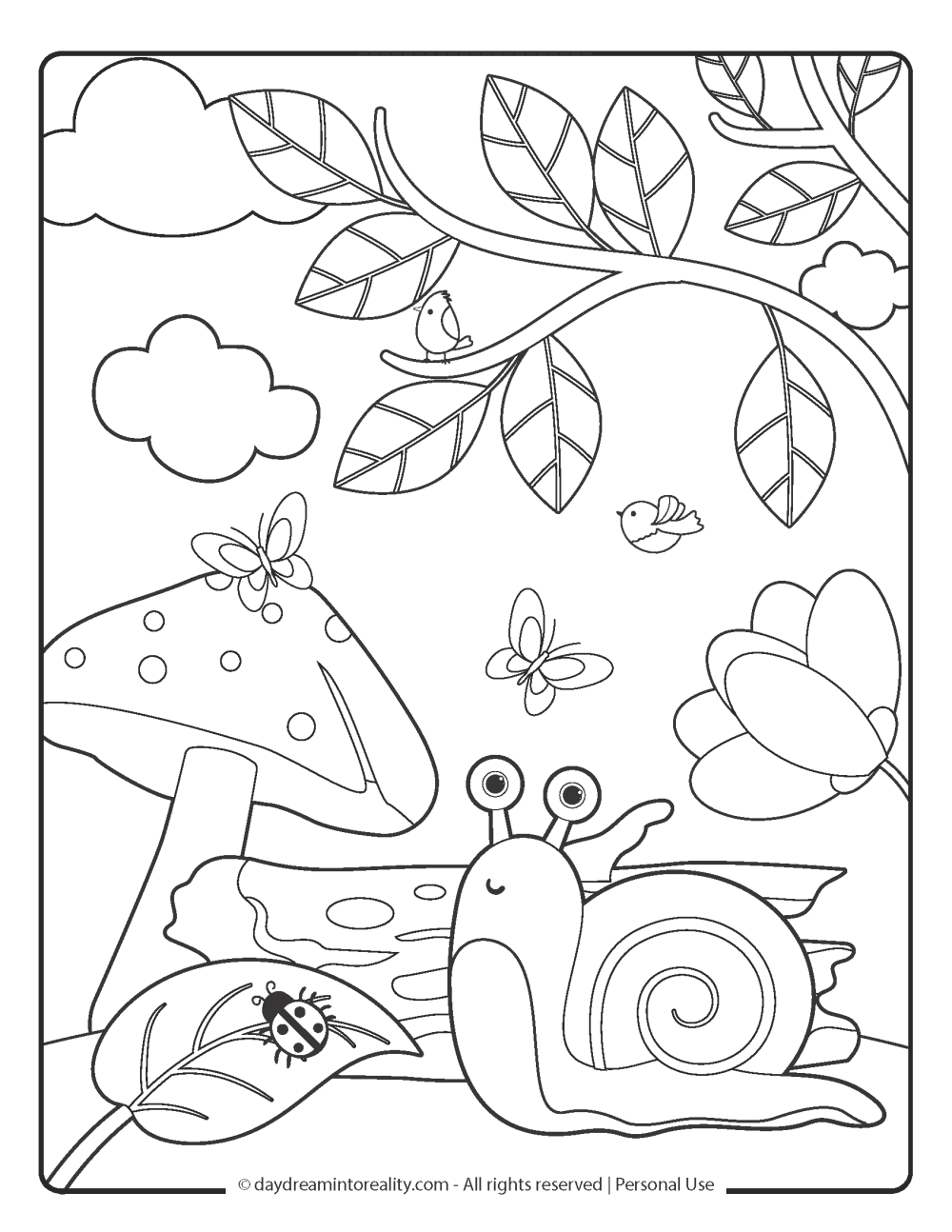 Spring Coloring Page - Mushroom and snail in the woods with butterflies and birds.