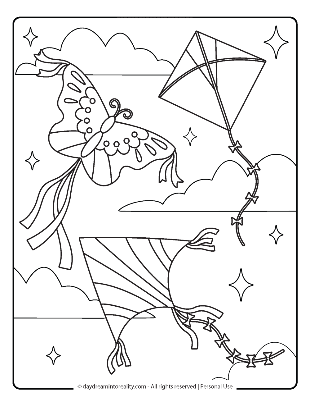 Spring Coloring Page - Kites flying in the sky