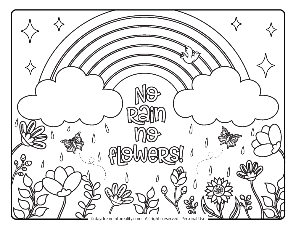 Spring Coloring Page - No rain no flowers quote surrounded by a rainbow and many different types of flowers.