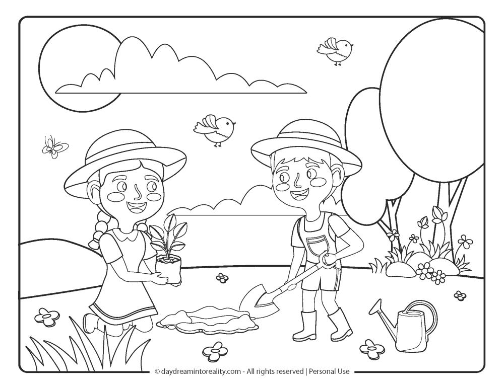 Spring Coloring Page - Boy and girl planting a plant together.