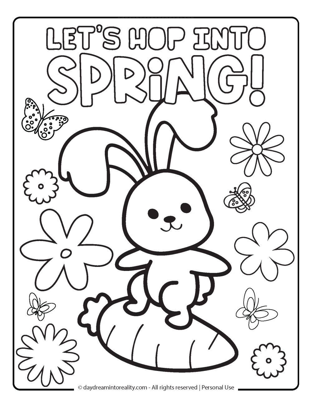 Spring Coloring Page - Let's hop in to spring, cute bunny on a carrot.