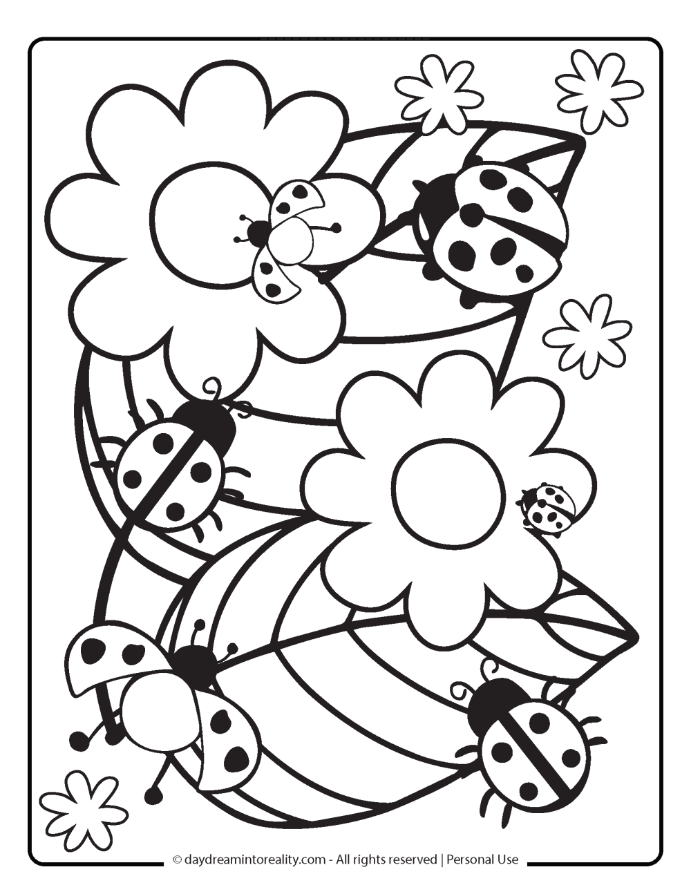 Spring Coloring Page - Ladybugs on leaf and flowers