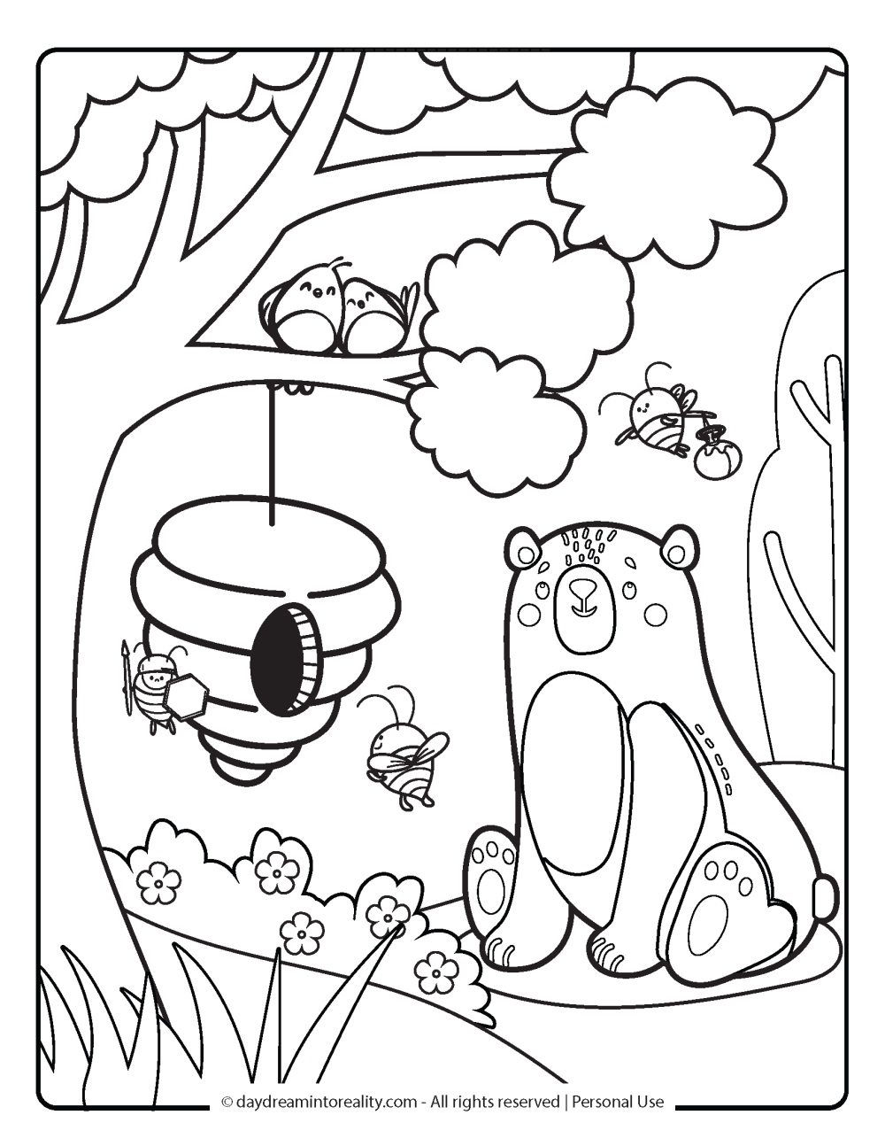 Spring Coloring Page - Bear looking at a beehive.