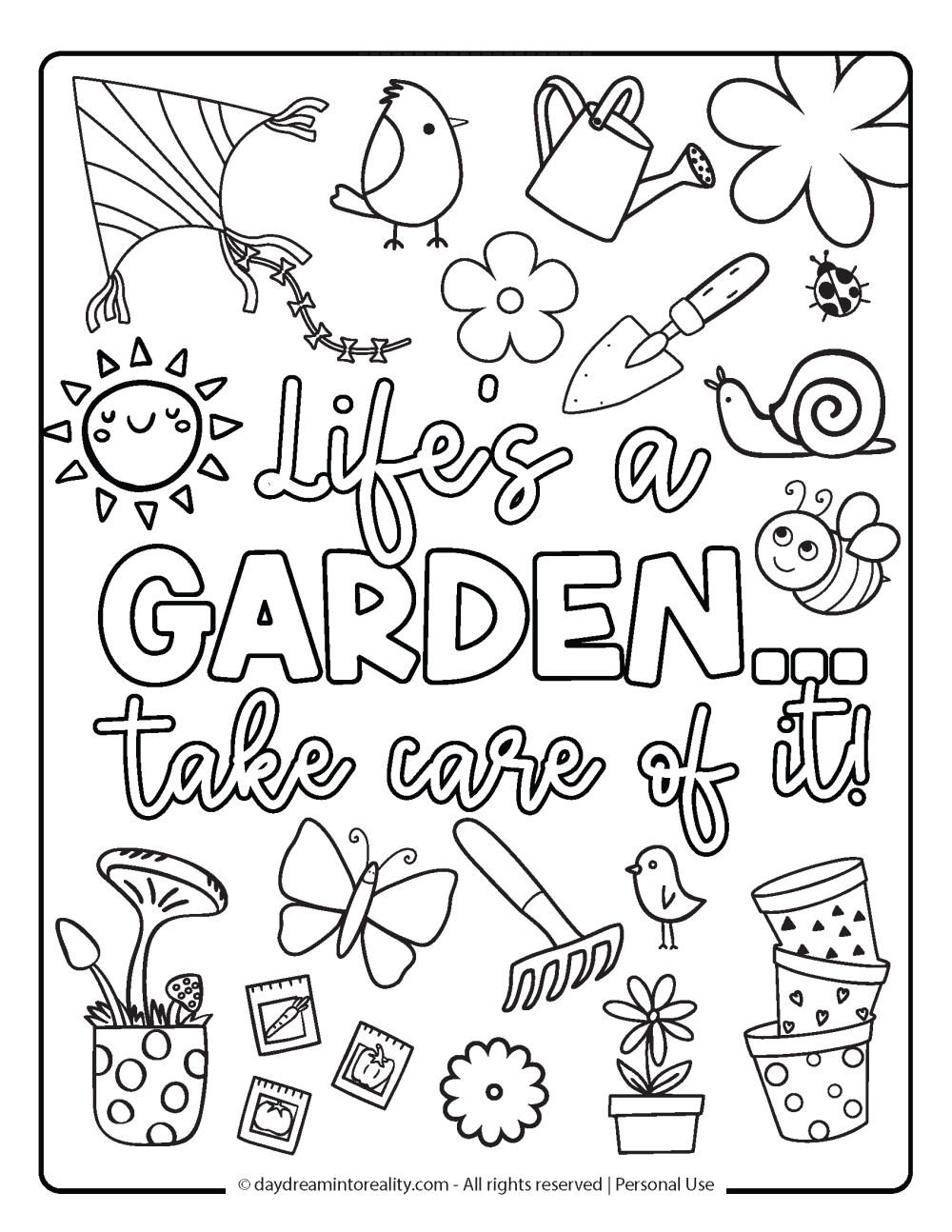 Spring Coloring Page - Life is a garden, take care of it with spring doodles around.