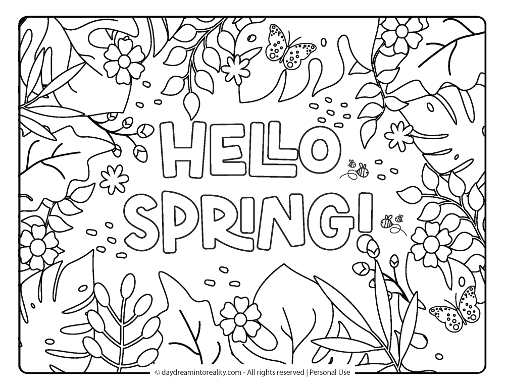 Spring Coloring Page - Hello Spring with flowers and butterflies around