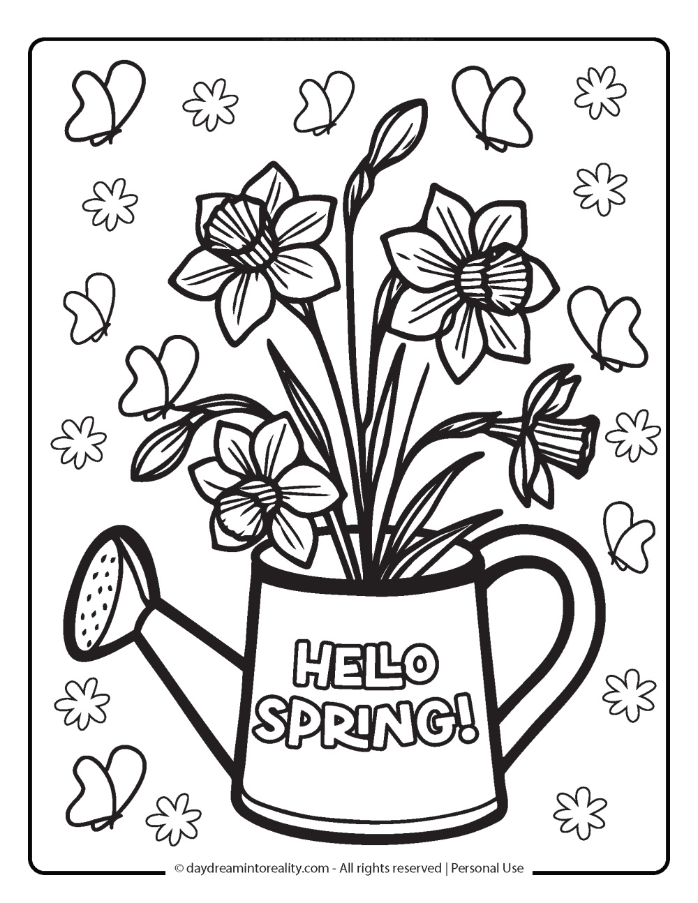 Spring Coloring Page - Garden watering pot blossoming with beautiful flowers