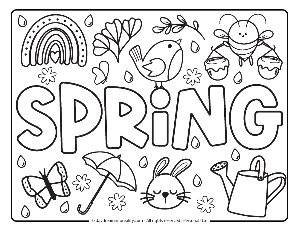 Spring Coloring Page - Spring text with multiple spring doodles.