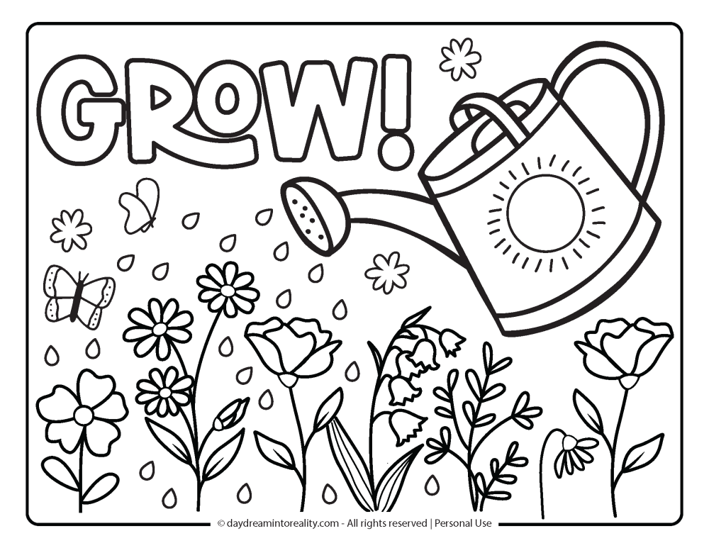 Spring Coloring Page - A watering pot watering flowers.