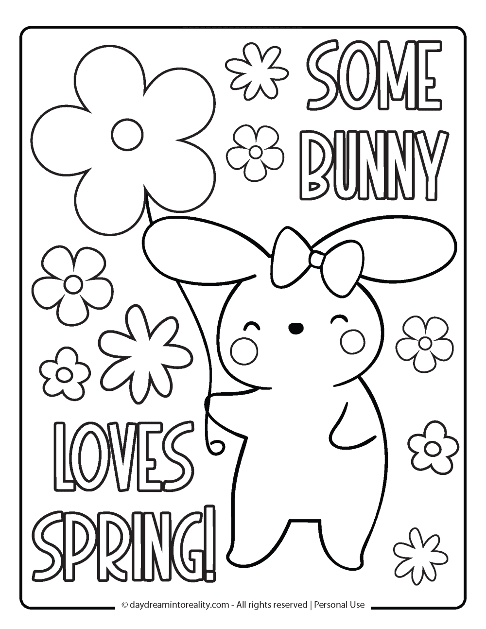 Spring Coloring Page - Some bunny loves Spring phrases with a bunny carrying a flower balloon.