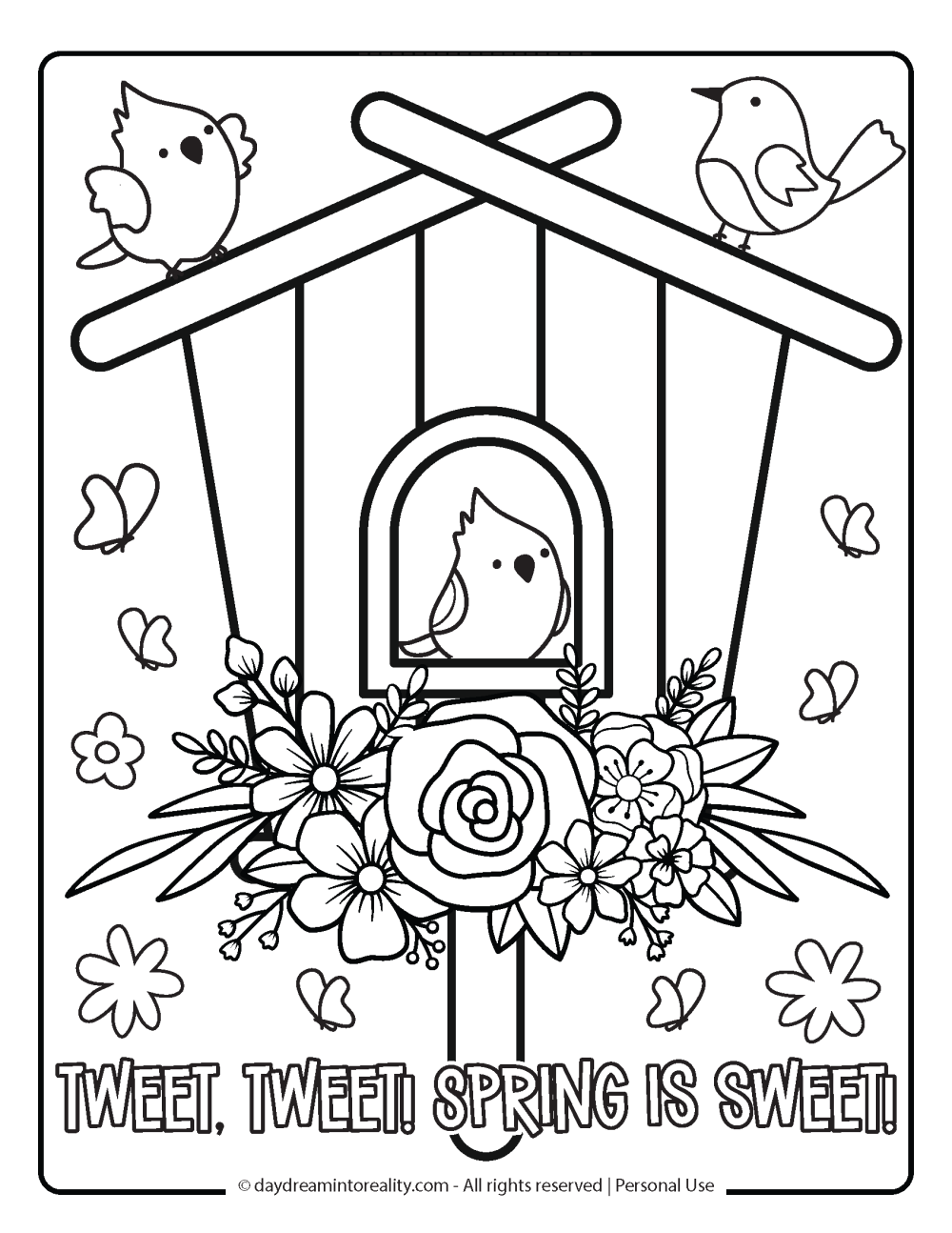 Spring Coloring Page - Cute bird house with a little bird inside. House is decorated with flowers and surrounded by butterflies.