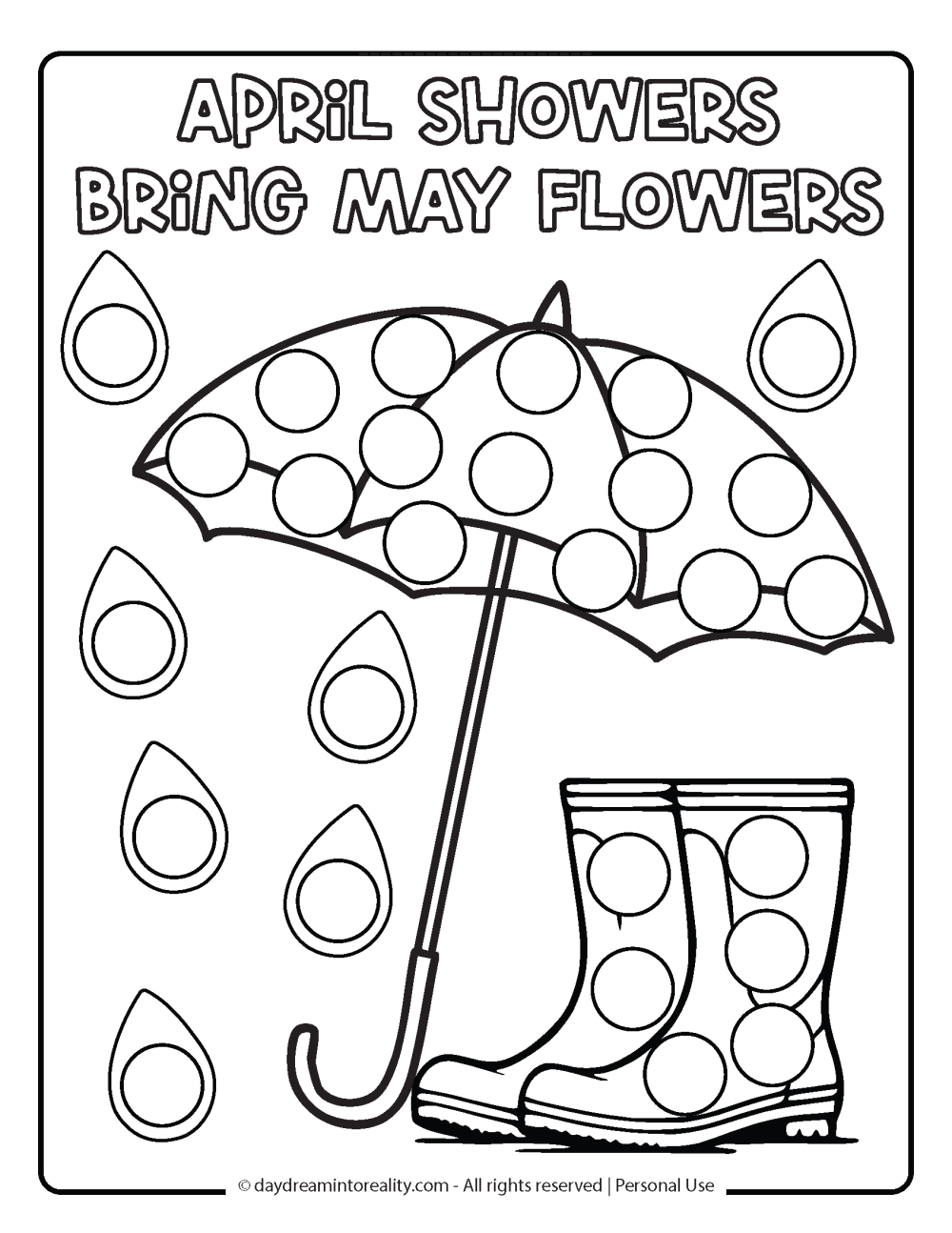 Spring Dot Marker Pages - umbrella and rainboots (april showers bring may flowers)