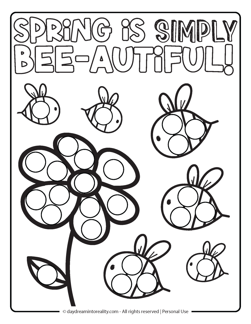 Spring Dot Marker Pages - Bees flying over a flower