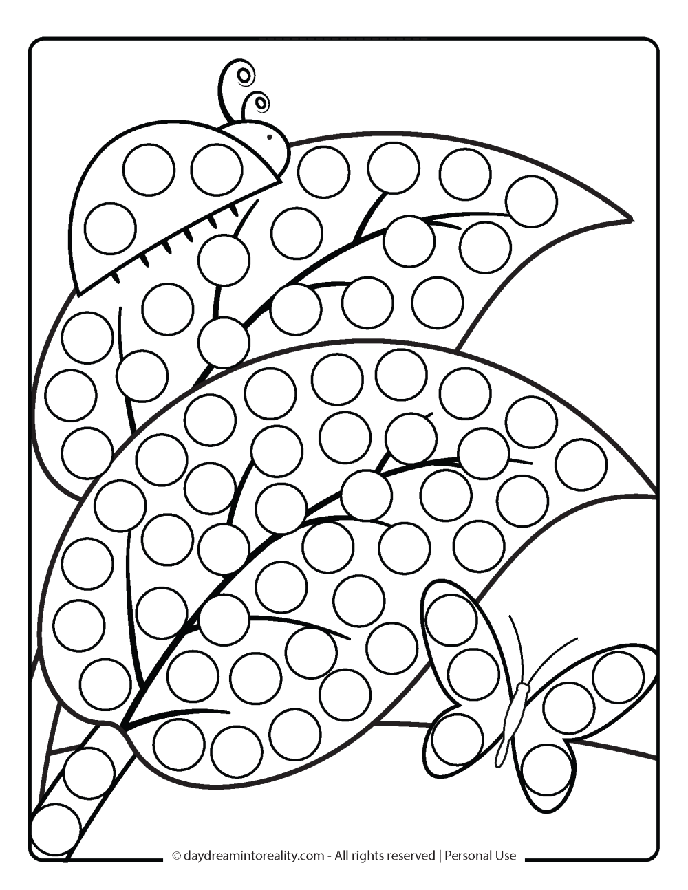 Spring Dot Marker Pages - Leaves with a ladybug and butterfly