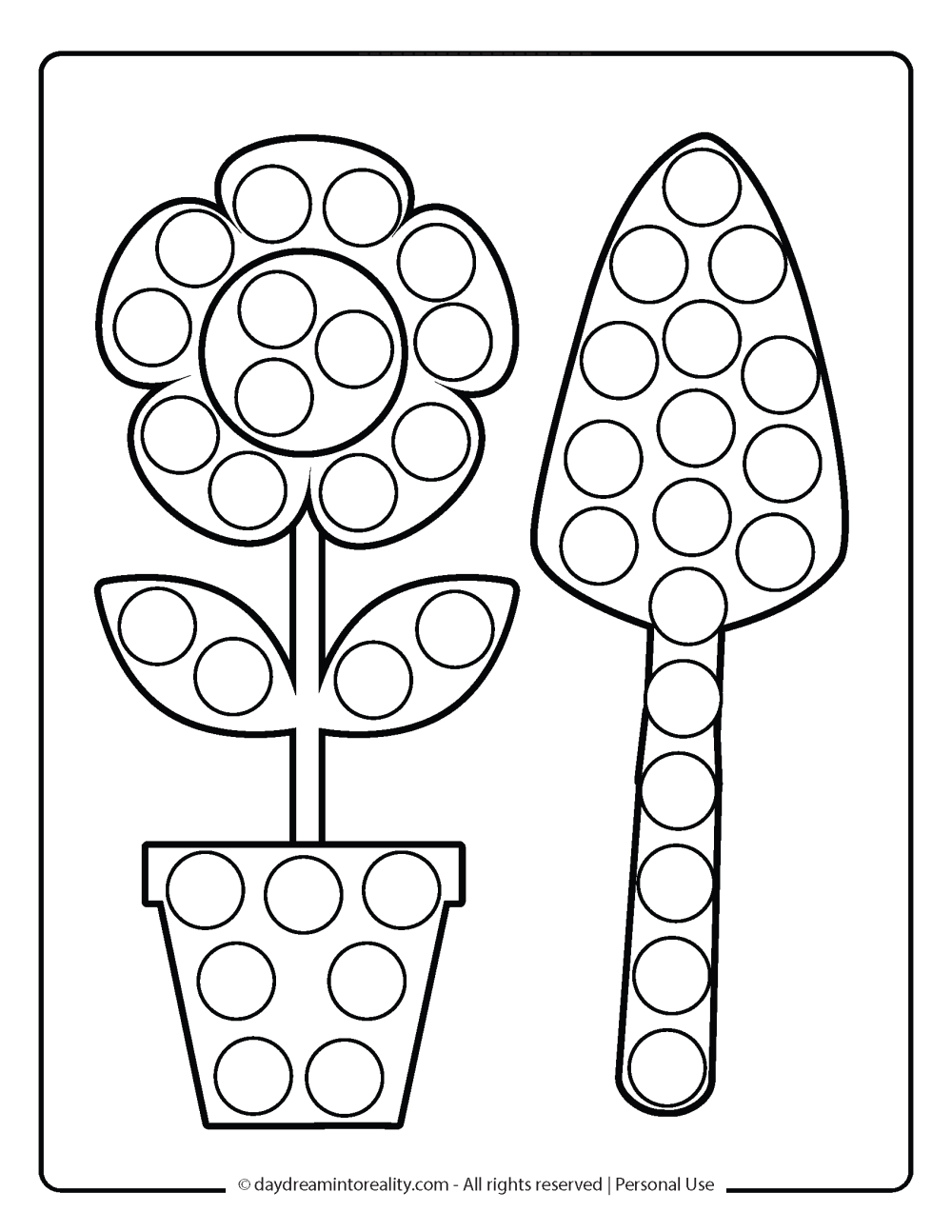 Spring Dot Marker Pages - Flower pot with a garden shovel