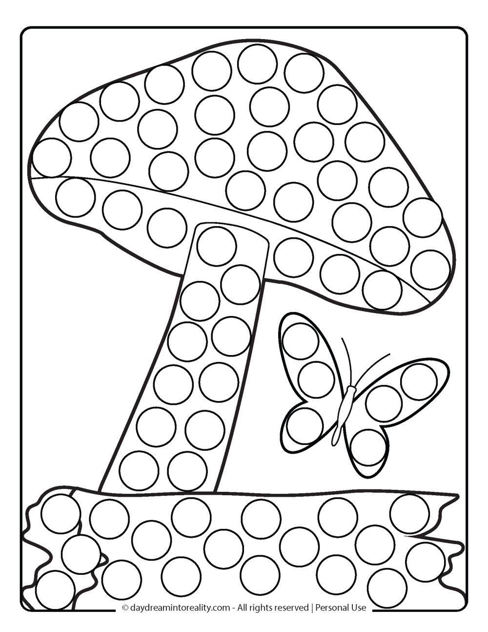 Spring Dot Marker Pages - Mushroom with butterfly and a log