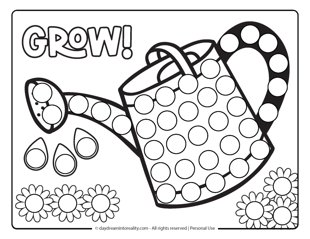 Spring Dot Marker Pages - Watering can watering some flowers