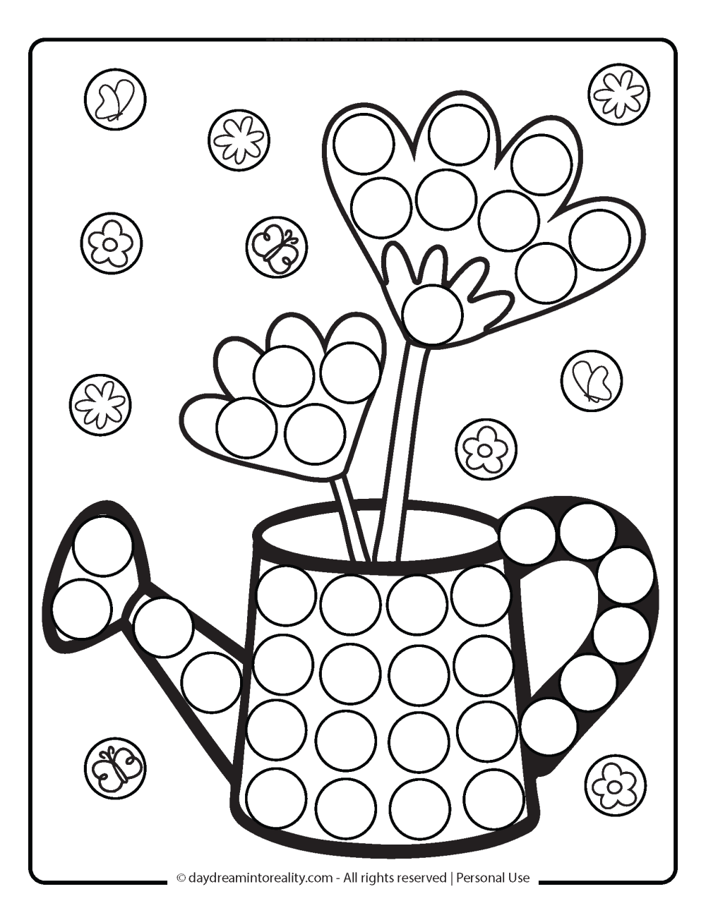 Spring Dot Marker Pages - watering can with flowers