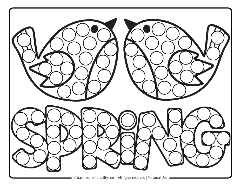 Spring Dot Marker Pages - Spring word with birds