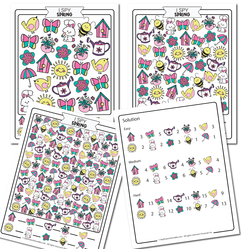 Spring I Spy in color 3 levels (easy, medium and hard)