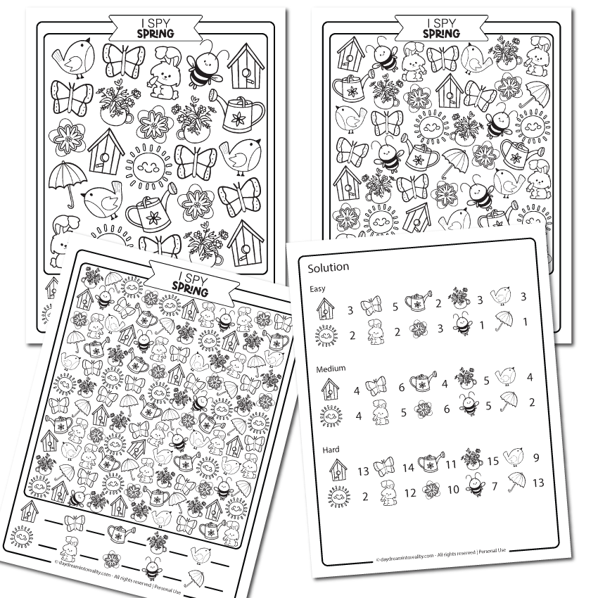 Spring I Spy for coloring 3 levels (easy, medium and hard)