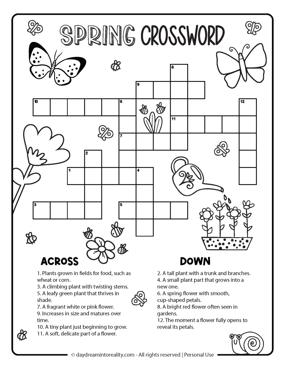 Spring Crosswords Free PDF Printable - Option 2 - Level Easy - 12 words